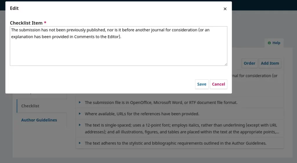 Source OJS Dashboard (Checklist Editing or Adding in Submission Section)