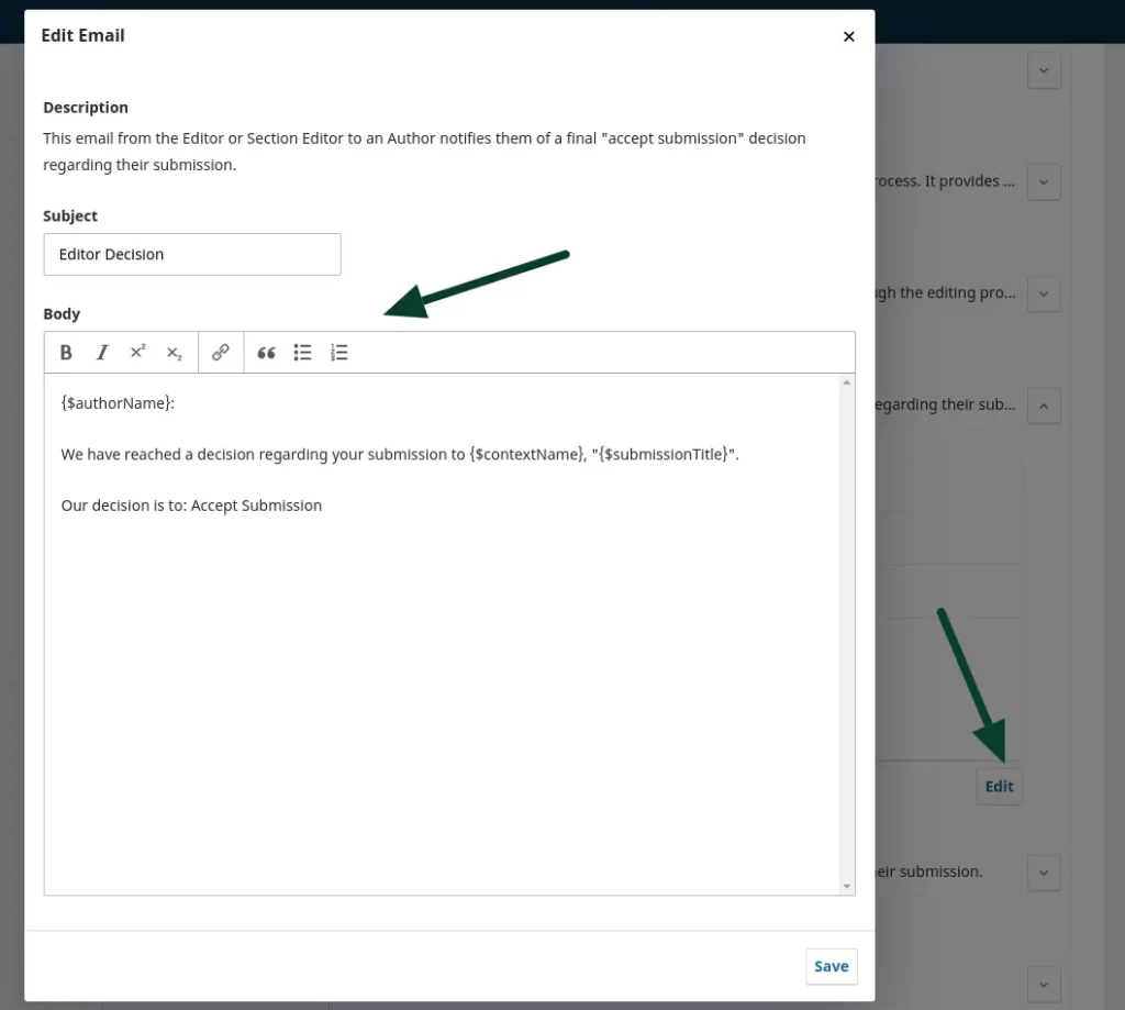 ~ Source: OJS Dashboard (Editing Email Template in OJS Workflow Settings)