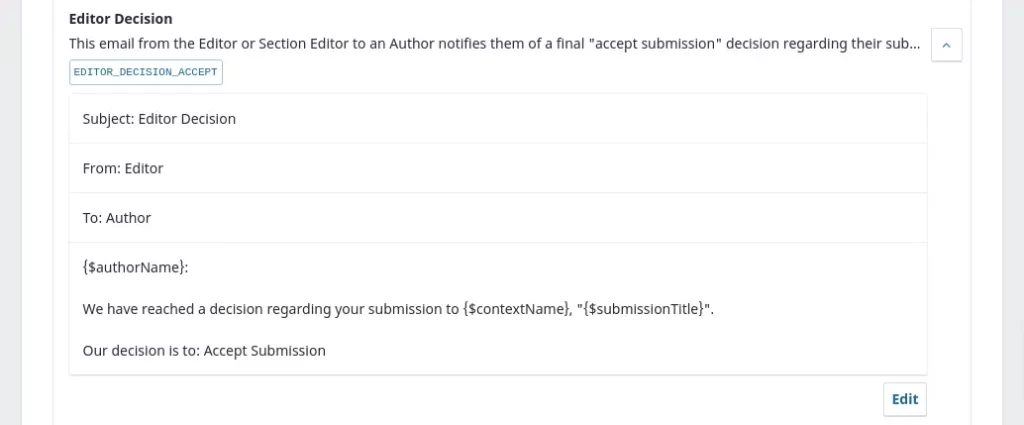 ~ Source: OJS Dashboard (Editor Decision Email Template in Workflow setting)