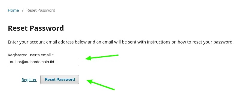 Enter registered email id to reset password in ojs