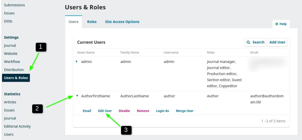 Navigate to users list & edit user in OJS